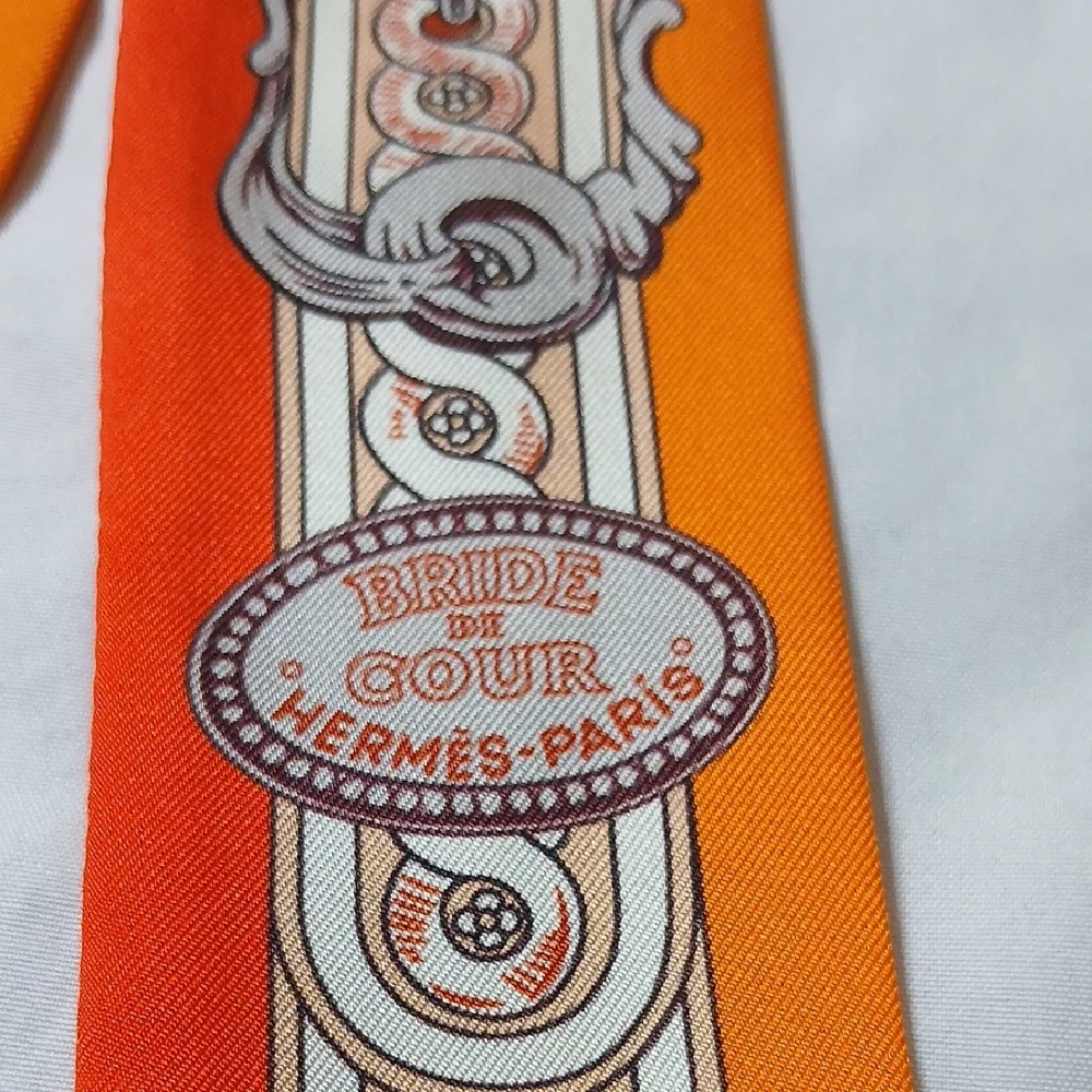 Hermes "Bride De Cour" Orange Twilly Scarf - Picture 2 of 5